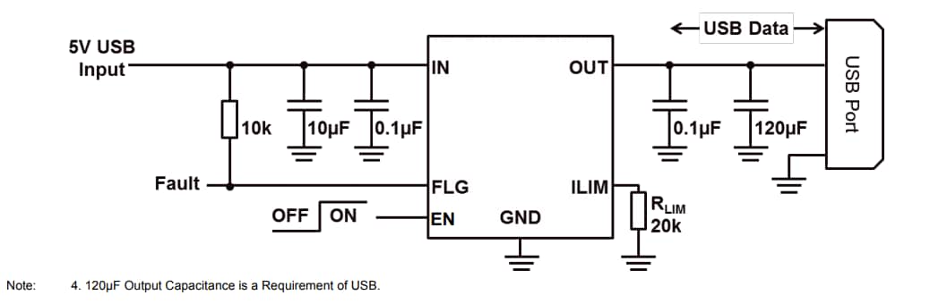 Schéma du circuit d'application - Diodes Incorporated Commutateurs d'alimentation à réglage de précision AP22653Q